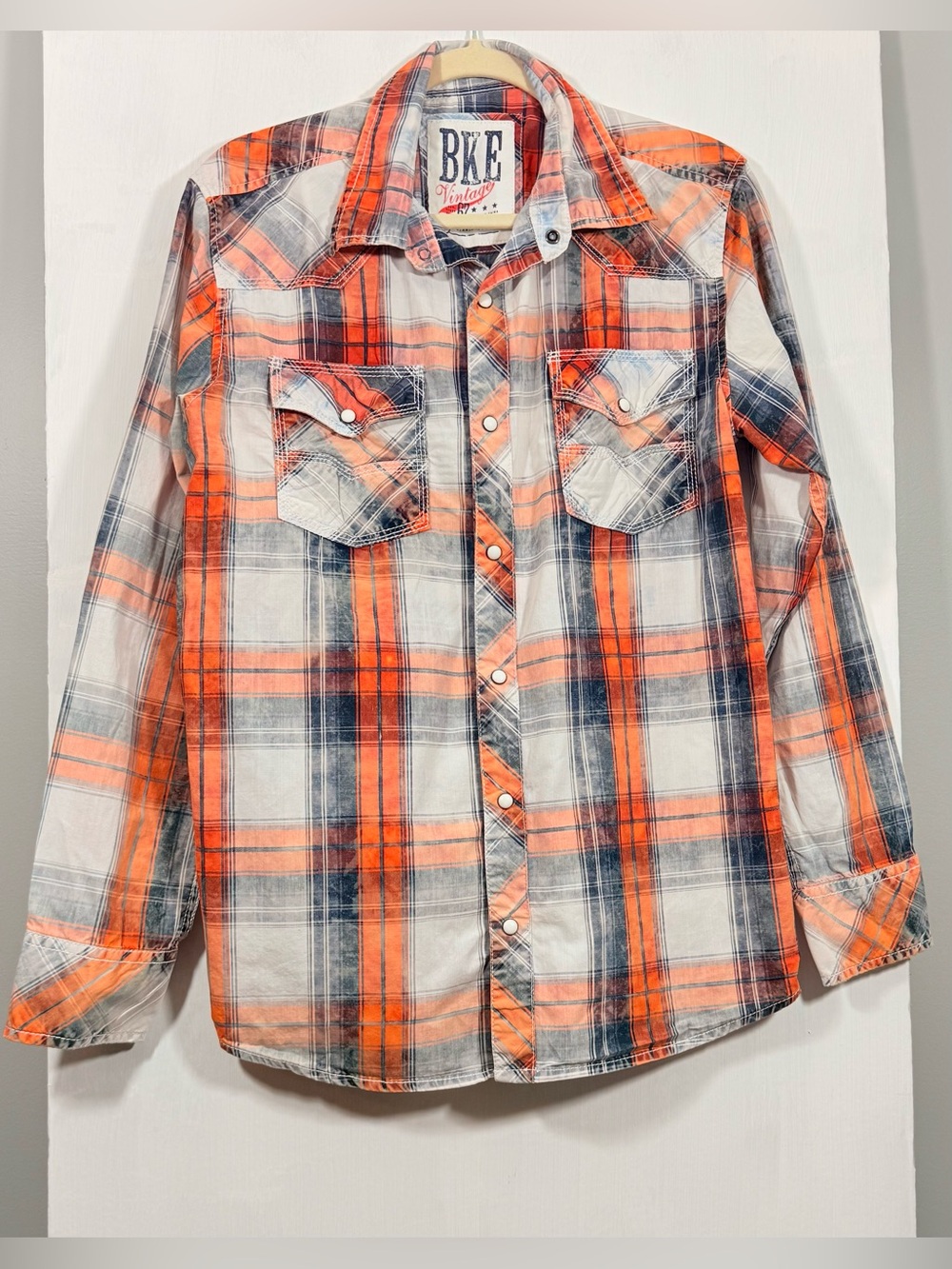 BKE Mens Orange & Navy Plaid Button-Front Western Shirt